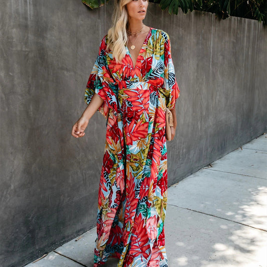 Irregular long-sleeved dress with leaf print