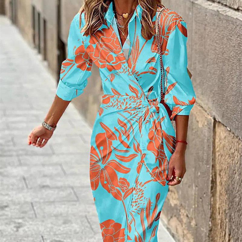 Printed Shirt Collar Lace Up Mid Length Striped Dress