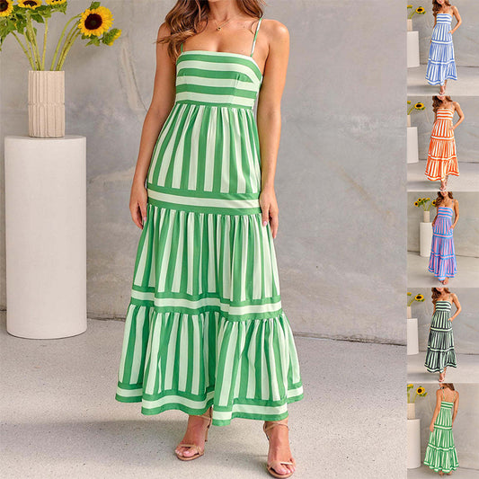 Striped Printed  Long Dress With Pockets Fashion Women Clothing