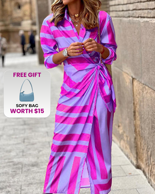EUROPEAN STYLE EXCLUSIVE WOMEN'S LACE-UP STRIPED PRINTED DRESS