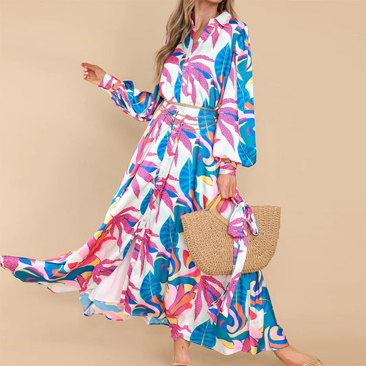 Printed Dresses sleeved Polo Collar Oversized  Women